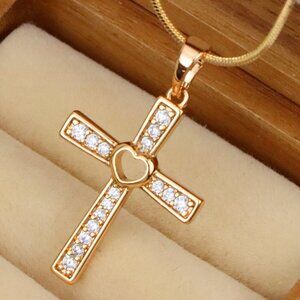 "Rose Gold Cross Pendant with Heart Center and Sparkling Stones, XPPT1854